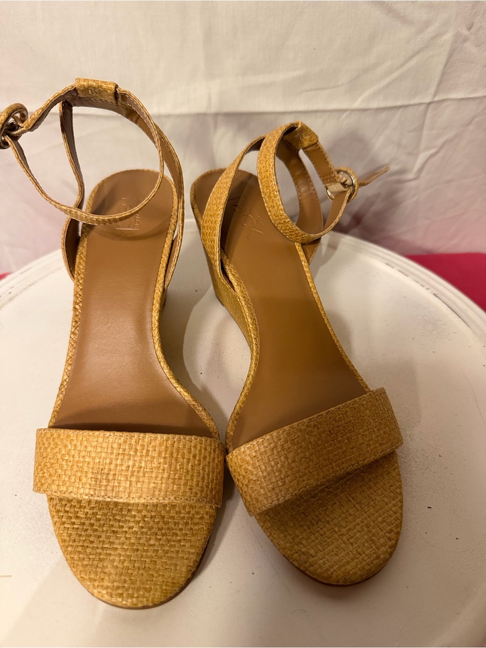 Woven Ankle-Strap Wedge Sandals in Tan